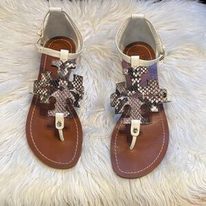 Tory Burch White and Brown Snakeskin Logo Toe-Ring Sandals